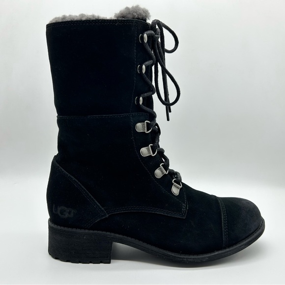 UGG Women’s Gradin Black Suede Combat Lace Up Boots Size 7 - Picture 2 of 12
